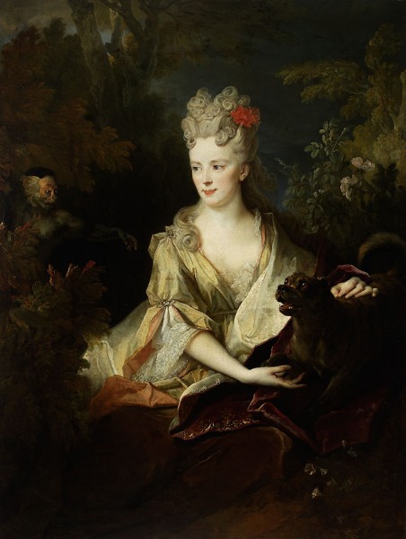 Portrait of a lady with a dog and monkey